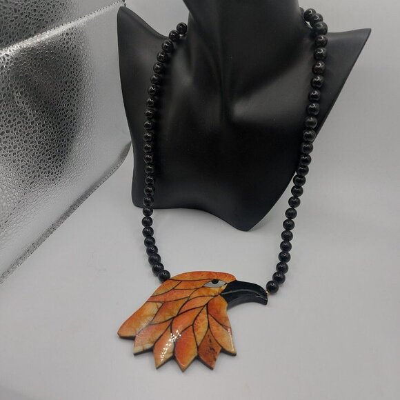 VTG Lee Sands * EAGLE* Black Stone And Mother Of Pearl Eyes Necklace - Picture 6 of 6